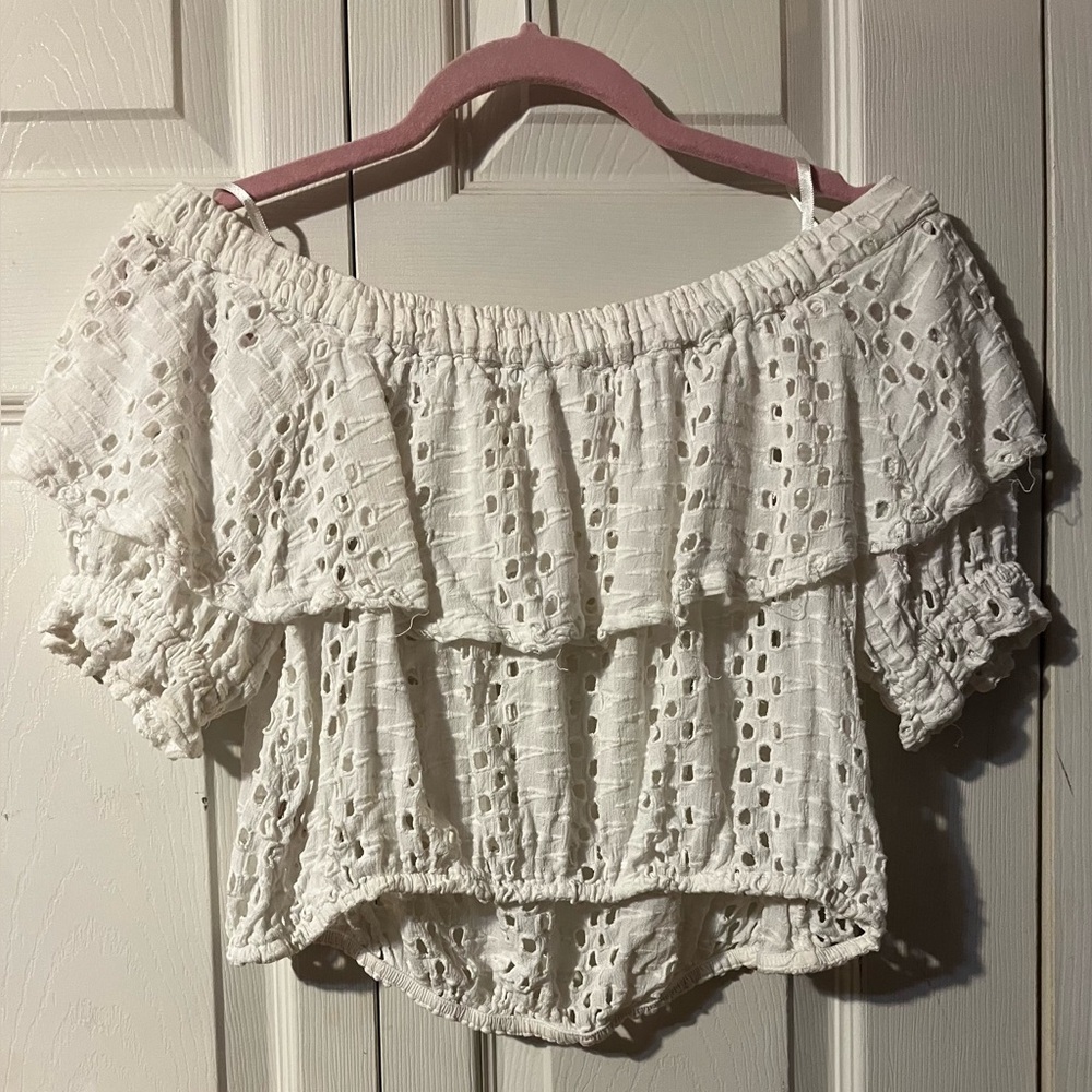 Free People That Girl Off The Shoulder Eyelet Cropped Top Gold Tag White XS - Picture 6 of 13